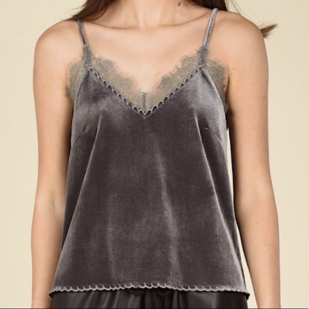 SILVER/GRAY LACE TRIM CAMI SPAGHETTI STRAP TOP